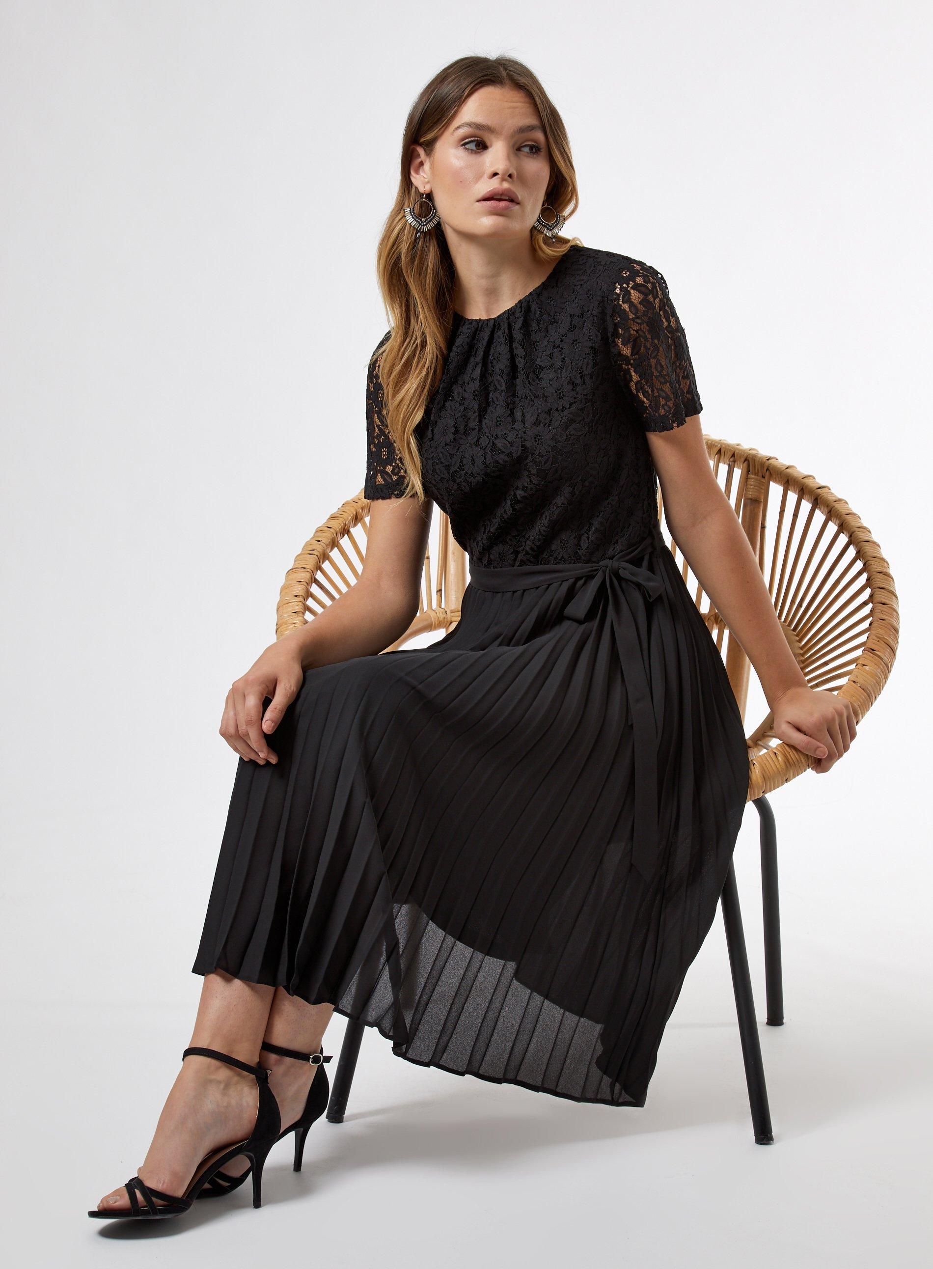 Black Lace Pleat Midi Dress | Dorothy ...